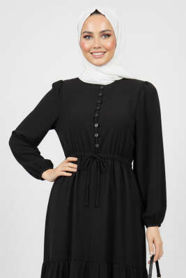 Brit Düğmeli Katlı Elbise Siyah - Elbise