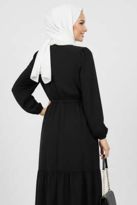 Brit Düğmeli Katlı Elbise Siyah - Elbise