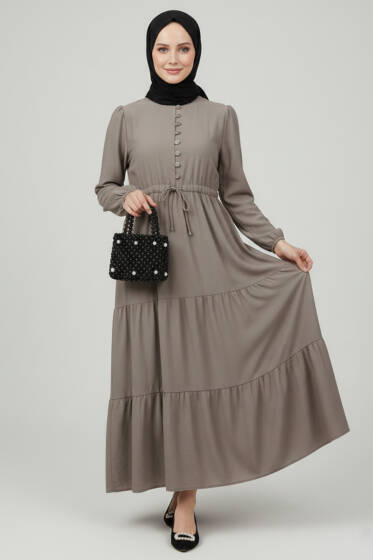 Brit Düğmeli Katlı Elbise Vizon - Elbise