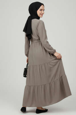 Brit Düğmeli Katlı Elbise Vizon - Elbise