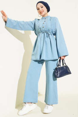 Brit Düğmeli Kot İkili Takım Açık Mavi - TEGOE