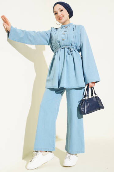 Brit Düğmeli Kot İkili Takım Açık Mavi - İkili Takım