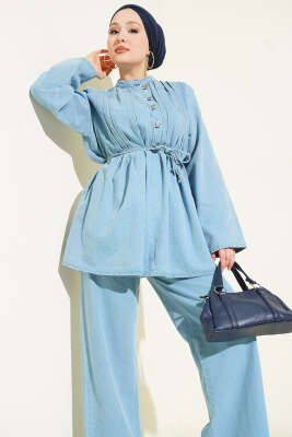 Brit Düğmeli Kot İkili Takım Açık Mavi - İkili Takım
