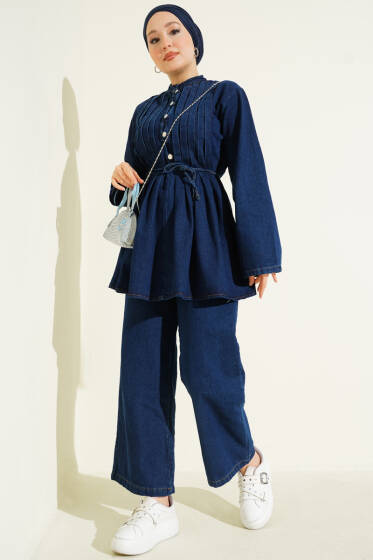 Brit Düğmeli Kot İkili Takım Lacivert - İkili Takım