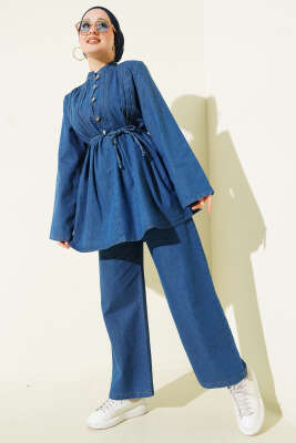 Brit Düğmeli Kot İkili Takım Mavi - TEGOE