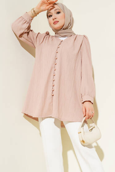 Brit Düğmeli Krinkıl Gömlek Bej - Gömlek