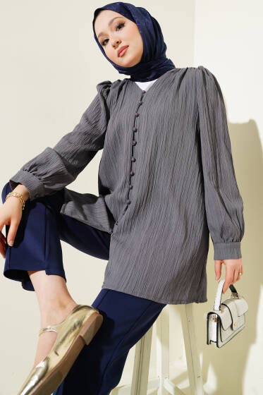 Brit Düğmeli Krinkıl Gömlek Füme - Gömlek