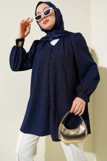 Brit Düğmeli Krinkıl Gömlek Lacivert - Gömlek