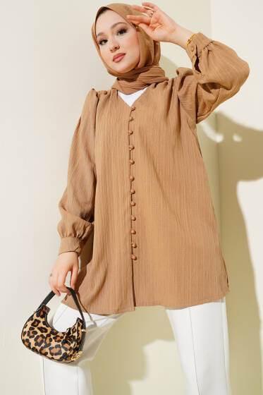 Brit Düğmeli Krinkıl Gömlek Latte - Gömlek