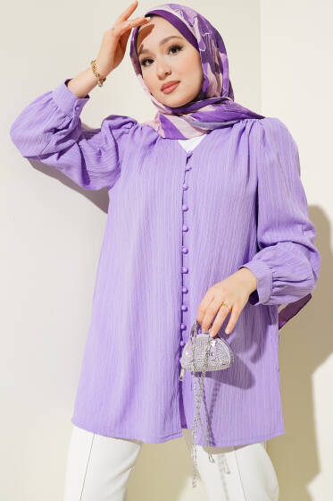 Brit Düğmeli Krinkıl Gömlek Lila - Gömlek