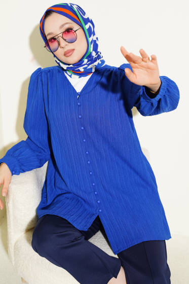 Brit Düğmeli Krinkıl Gömlek Saks - Gömlek