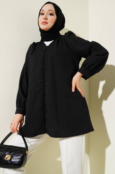 Brit Düğmeli Krinkıl Gömlek Siyah - Gömlek
