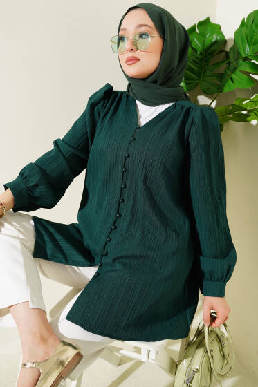 Brit Düğmeli Krinkıl Gömlek Zümrüt Yeşili - Gömlek