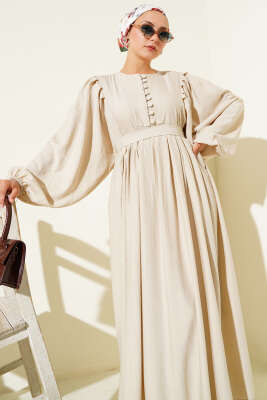 Brit Düğmeli Kuşaklı Elbise Bej - Tesettür Elbise