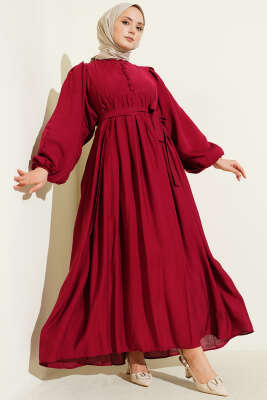 Brit Düğmeli Kuşaklı Elbise Bordo - BERAT TEKSTİL