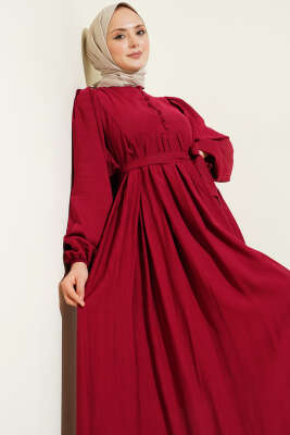 Brit Düğmeli Kuşaklı Elbise Bordo - Elbise