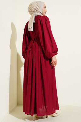 Brit Düğmeli Kuşaklı Elbise Bordo - Elbise