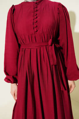 Brit Düğmeli Kuşaklı Elbise Bordo - Elbise