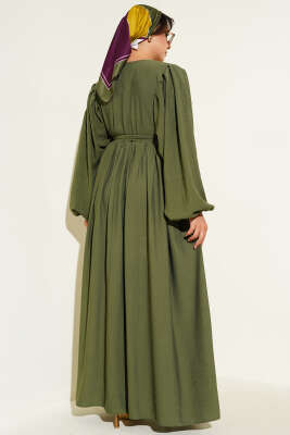 Brit Düğmeli Kuşaklı Elbise Haki - Tesettür Elbise