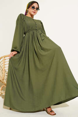 Brit Düğmeli Kuşaklı Elbise Haki - Tesettür Elbise
