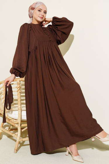 Brit Düğmeli Kuşaklı Elbise Kahve - Elbise