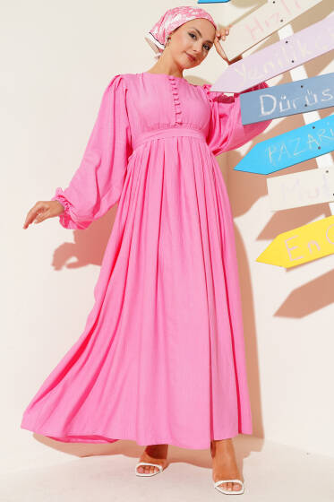Brit Düğmeli Kuşaklı Elbise Pembe - Elbise