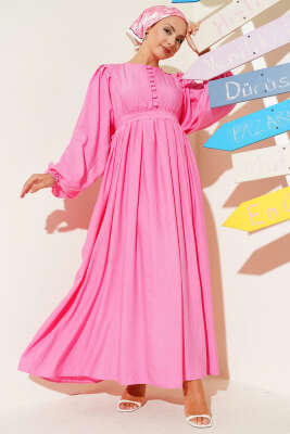 Brit Düğmeli Kuşaklı Elbise Pembe