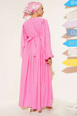 Brit Düğmeli Kuşaklı Elbise Pembe - Tesettür Elbise