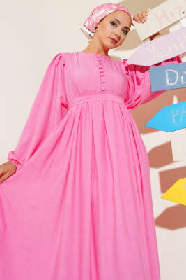 Brit Düğmeli Kuşaklı Elbise Pembe - Tesettür Elbise
