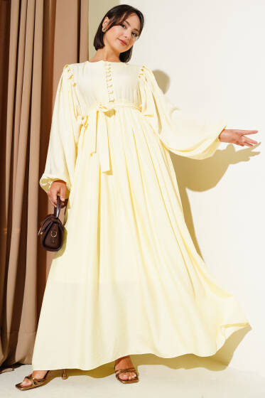 Brit Düğmeli Kuşaklı Elbise Sarı - Elbise