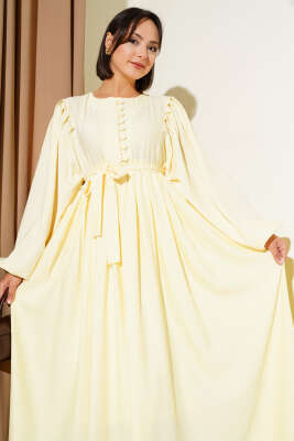 Brit Düğmeli Kuşaklı Elbise Sarı - Tesettür Elbise