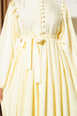 Brit Düğmeli Kuşaklı Elbise Sarı - Tesettür Elbise