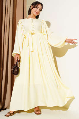 Brit Düğmeli Kuşaklı Elbise Sarı 