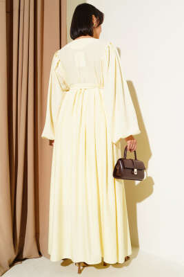Brit Düğmeli Kuşaklı Elbise Sarı - Tesettür Elbise