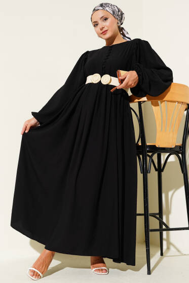 Brit Düğmeli Kuşaklı Elbise Siyah - Elbise