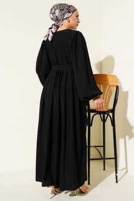 Brit Düğmeli Kuşaklı Elbise Siyah - Tesettür Elbise