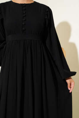 Brit Düğmeli Kuşaklı Elbise Siyah - Tesettür Elbise