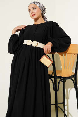 Brit Düğmeli Kuşaklı Elbise Siyah - Tesettür Elbise