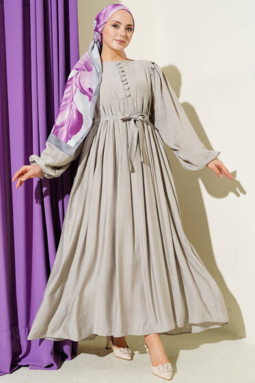 Brit Düğmeli Kuşaklı Elbise Taş - Elbise