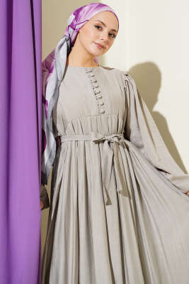 Brit Düğmeli Kuşaklı Elbise Taş - Elbise