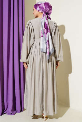 Brit Düğmeli Kuşaklı Elbise Taş - Elbise