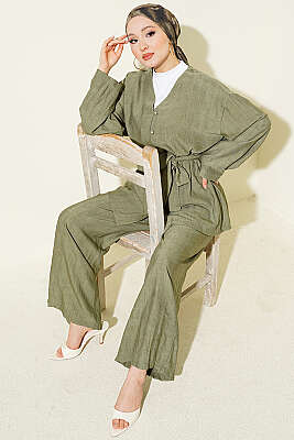 Brit Düğmeli Kuşaklı İkili Takım Haki - VAV TEKSTİL