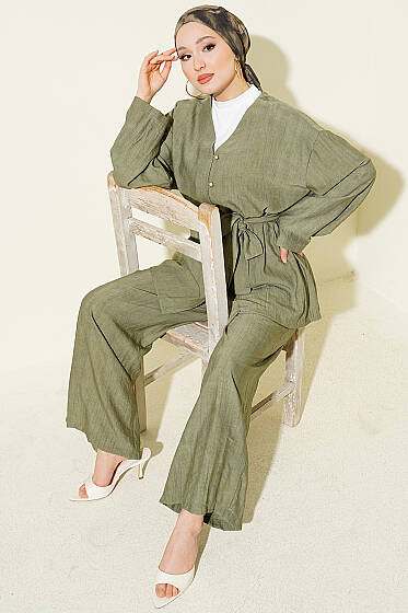 Brit Düğmeli Kuşaklı İkili Takım Haki - İkili Takım