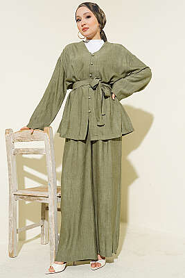 Brit Düğmeli Kuşaklı İkili Takım Haki - İkili Takım