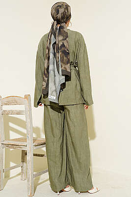 Brit Düğmeli Kuşaklı İkili Takım Haki - İkili Takım