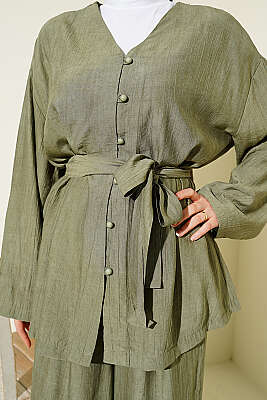 Brit Düğmeli Kuşaklı İkili Takım Haki - İkili Takım