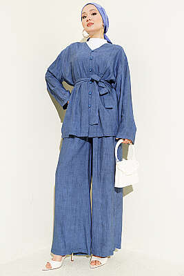 Brit Düğmeli Kuşaklı İkili Takım Lacivert - VAV TEKSTİL