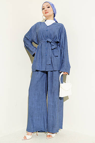 Brit Düğmeli Kuşaklı İkili Takım Lacivert - İkili Takım