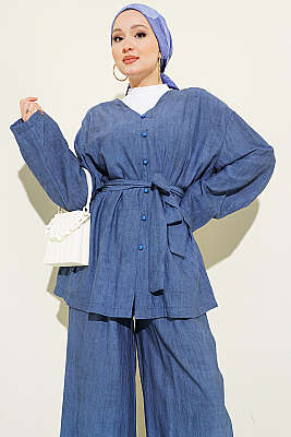 Brit Düğmeli Kuşaklı İkili Takım Lacivert - İkili Takım