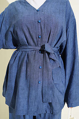 Brit Düğmeli Kuşaklı İkili Takım Lacivert - İkili Takım